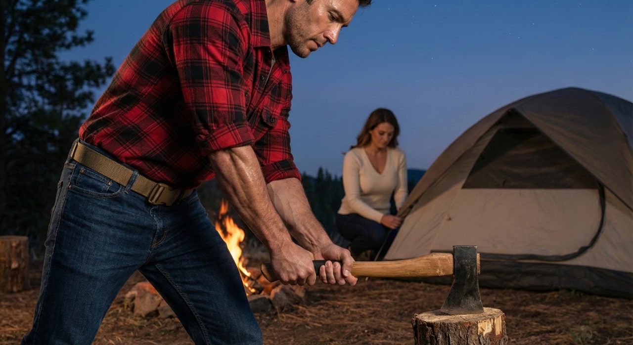 JUKMO tactical belt in coyote color used during camping and outdoor firewood preparation